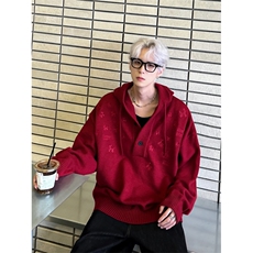 秋冬美式复古慵懒风红色连帽毛衣男女宽松针织衫外套2209-P68，男装针织衫/毛衣，电商C307