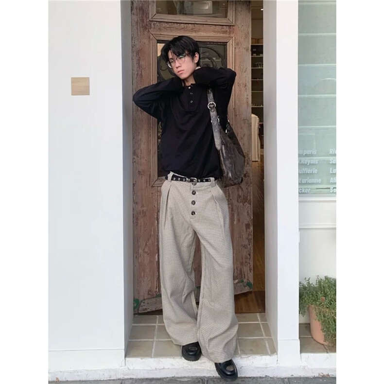 千鸟格复合打褶排扣a字阔腿西裤老钱风cleanfit通勤百搭,男装西裤,星座506A