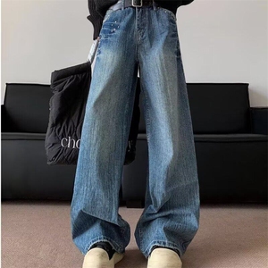 美式复古低腰阔腿牛仔裤男2025四季新款设计感宽松休闲直筒裤子图片