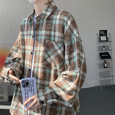 衬衫男秋季新款港风宽松大码磨毛格子扎染长袖衬衣CS507-P35，男装衬衫，星座214-3