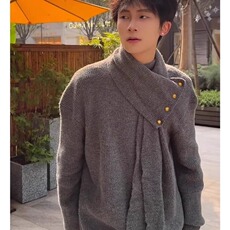 围巾高领设计感白色毛衣男冬新中式复古慵懒风针织衫cleanfit外套，男装针织衫/毛衣，星座601-1