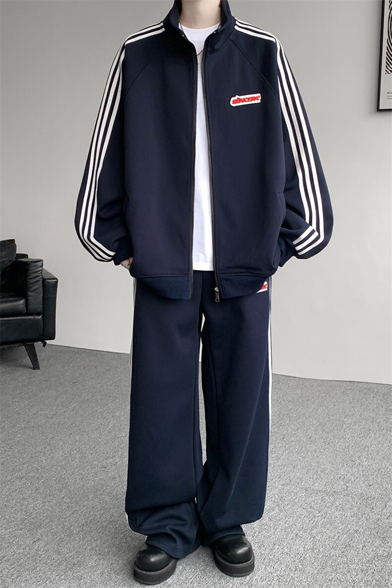 8XL-M条纹撞色开衫新年红卫衣运动套装潮牌运动服校园风TZ114P118,男装休闲套装,电商D206-1