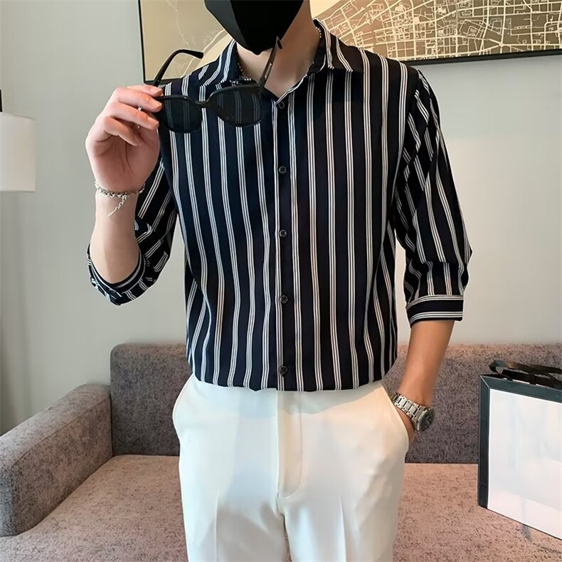春季潮流青春流行男衬衫文艺标准百搭条纹简约七分袖C156-9,男装衬衫,星座1116A-2（原606A-1）