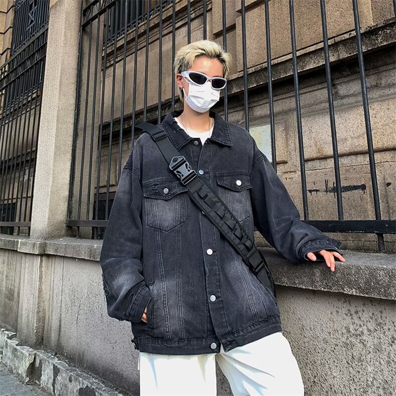 渐变牛仔外套男秋季美式水洗上衣宽松高街潮牌痞帅夹克衫2223/P70,男装工装外套,星座506