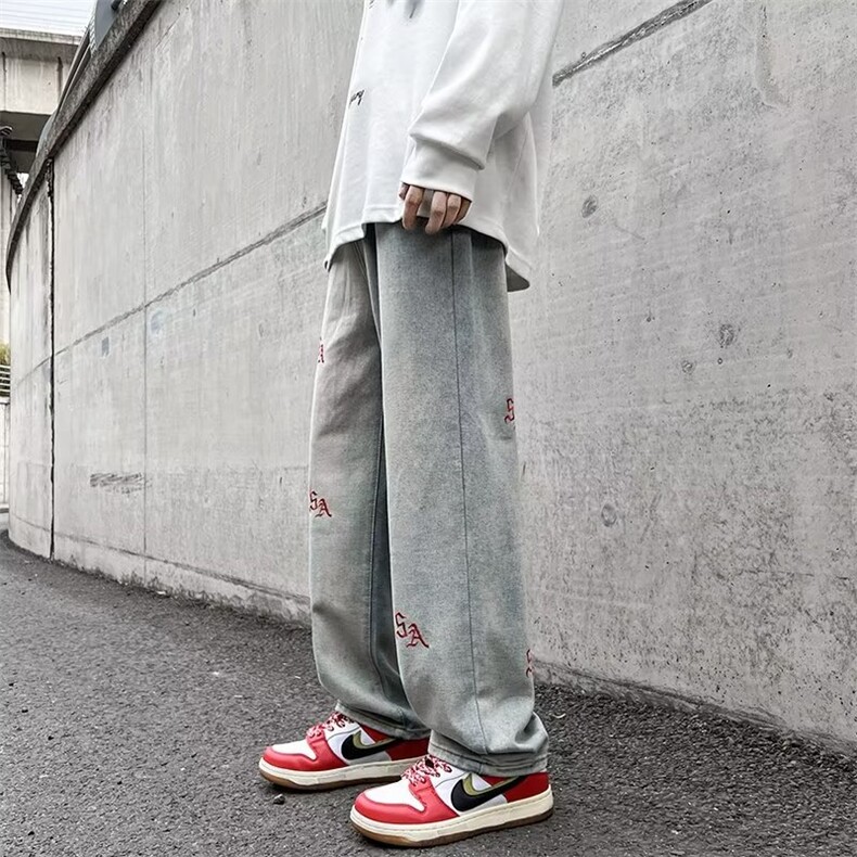 vibe美式街头长裤子ins高街潮牌痞帅炸街刺绣直筒牛仔裤N5828-p38,男装牛仔裤,星座1008