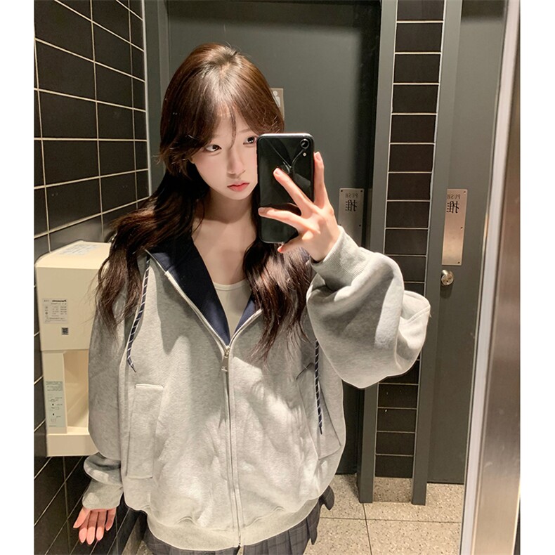 抖音得物二开美式高街重磅结构双层撞色连帽卫衣开衫外套W116图片
