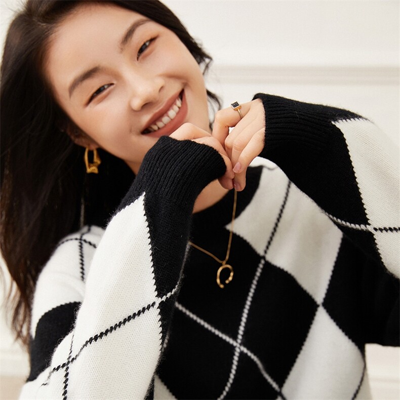 时尚女士加厚羊绒衫经典菱格图案舒适保暖适合秋季穿着,女装羊绒衫,杭跃羊绒
