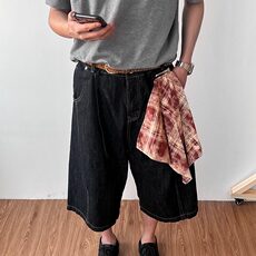 网图复古撞色方巾黑色丹宁原牛仔短裤男女宽松休闲baggy七分裤潮，男装牛仔裤，星座813-3