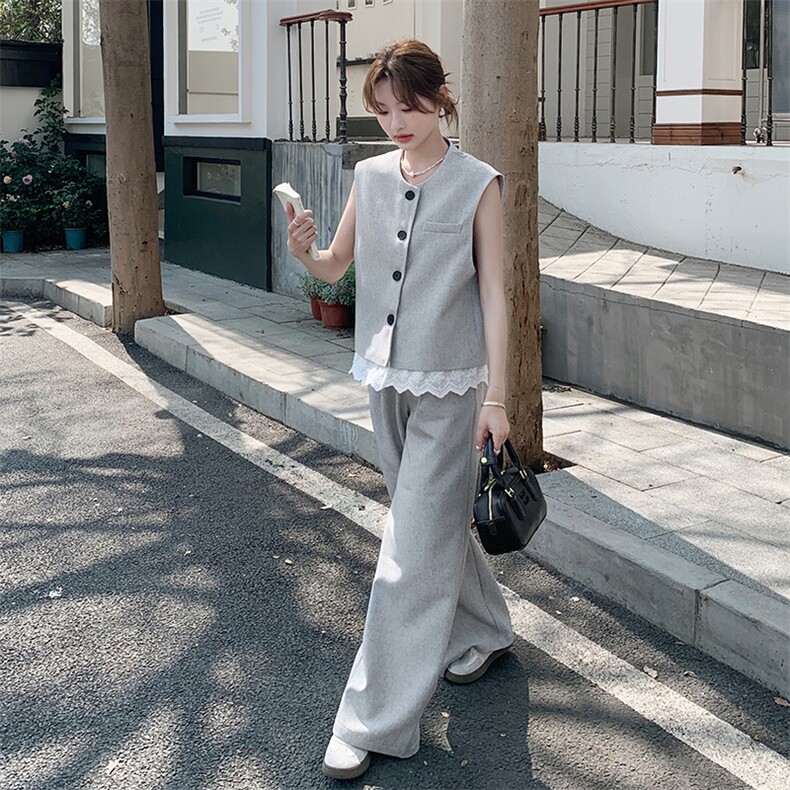 夏季马甲阔腿裤时尚两件套女,女装套装/套裙,秋水欣儿