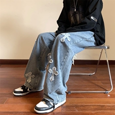 十字架贴布绣高街牛仔裤现货XZ604-KN08-P65控78，男装牛仔裤，星座604