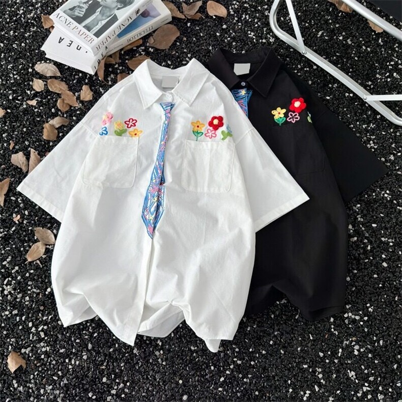 夏季街头花卉刺绣涂鸦领带衬衫男短袖宽松美式情侣小众CS1299,男装T恤,星座208-5