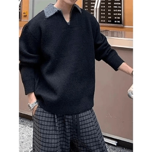 重磅北极绒假两件衬衫领毛衣美式高街复古休闲慵懒纯色翻领针织衫图片