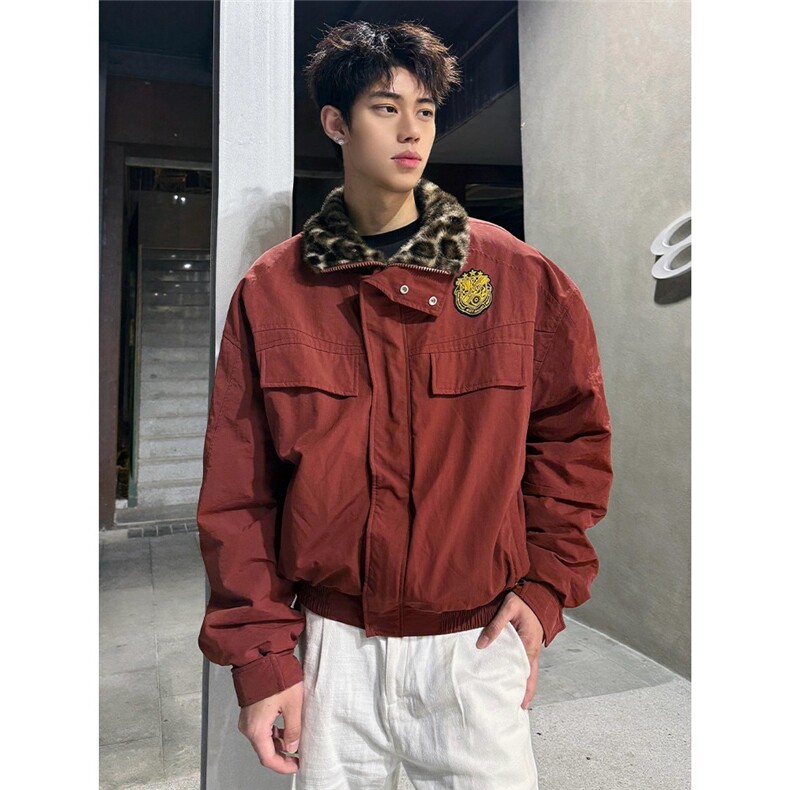 红色豹纹毛领工装棉服男冬季加绒厚座山雕夹克短款外套B145-P95，男装夹克，星座910-1
