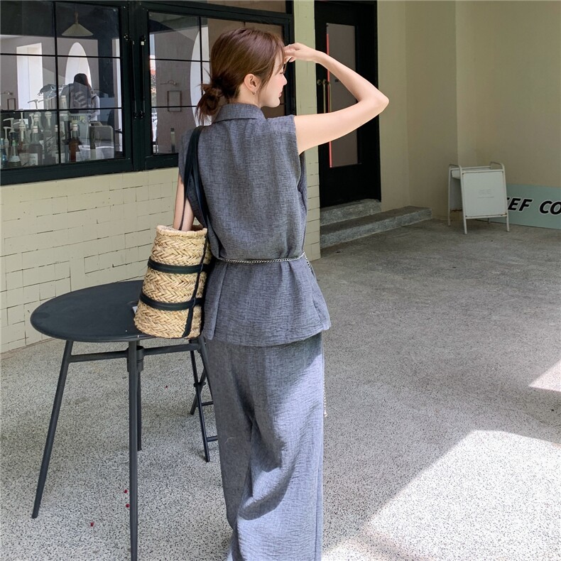 韩系高级感深灰色马甲套装女2025年夏季新款减龄显瘦阔腿裤两件套,女装套装/套裙,蝶眷