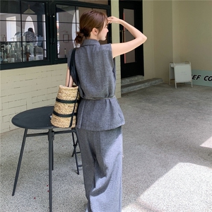 韩系高级感深灰色马甲套装女2025年夏季新款减龄显瘦阔腿裤两件套图片