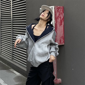 抖音得物二开美式高街重磅结构双层撞色连帽卫衣开衫外套W116,165男生潮流衣服搭配衣服图片