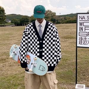 24秋装新款棋盘格毛衣男女情侣宽松针织开衫上衣外套M3125-P85图片