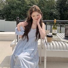 韩式海边度假蓝色吊带裙女2025年夏季新款百搭洋气休闲茶歇长裙潮，女装连衣裙，蝶眷
