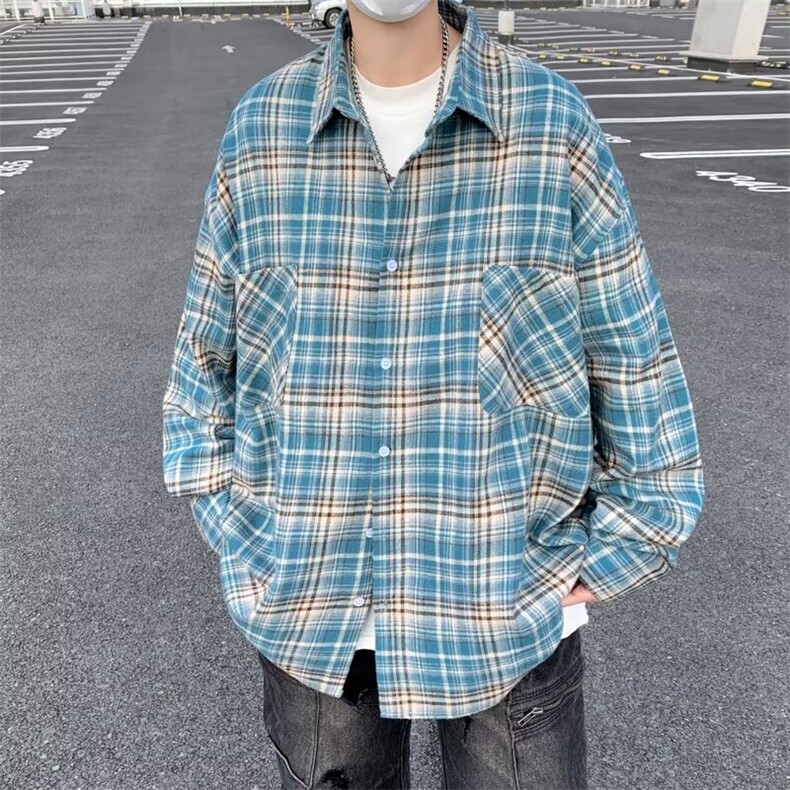 美式街头复古格子长袖衬衫男潮牌嘻哈刺绣宽松休闲百搭衬衣,男装衬衫,星座716-3