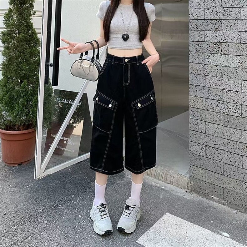 明线牛仔短裤女夏季新款美式多口袋裤子宽松阔腿七分裤,男装牛仔裤,星座506A