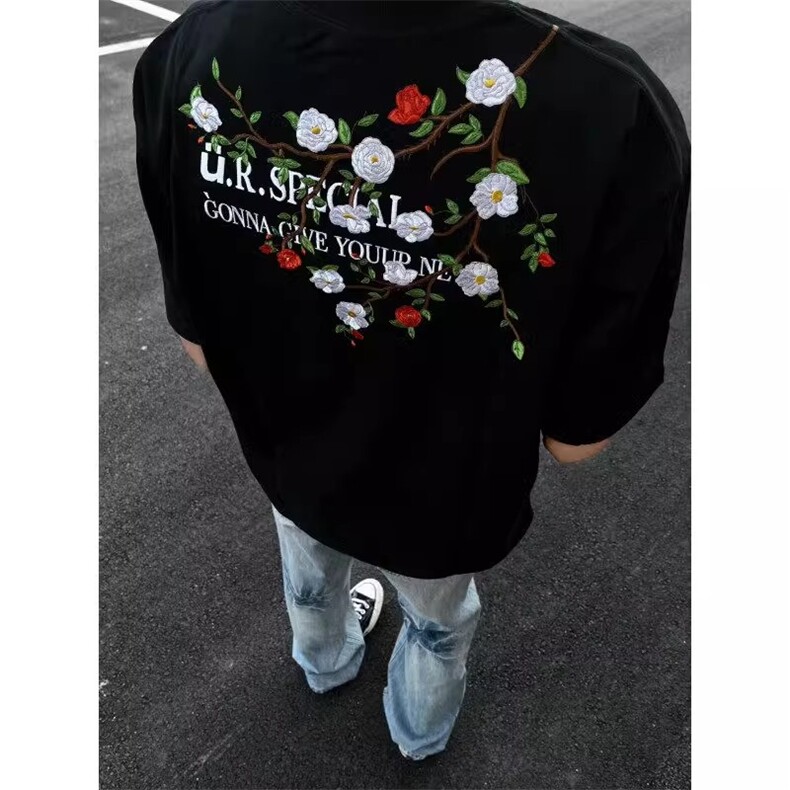 网络图！白色花朵刺绣短袖男款美式复古纯棉小领口五分袖T138,男装T恤,星座103A-1