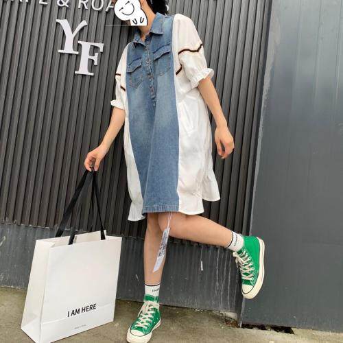 拼牛仔连衣裙，女装连衣裙，卡笛琇