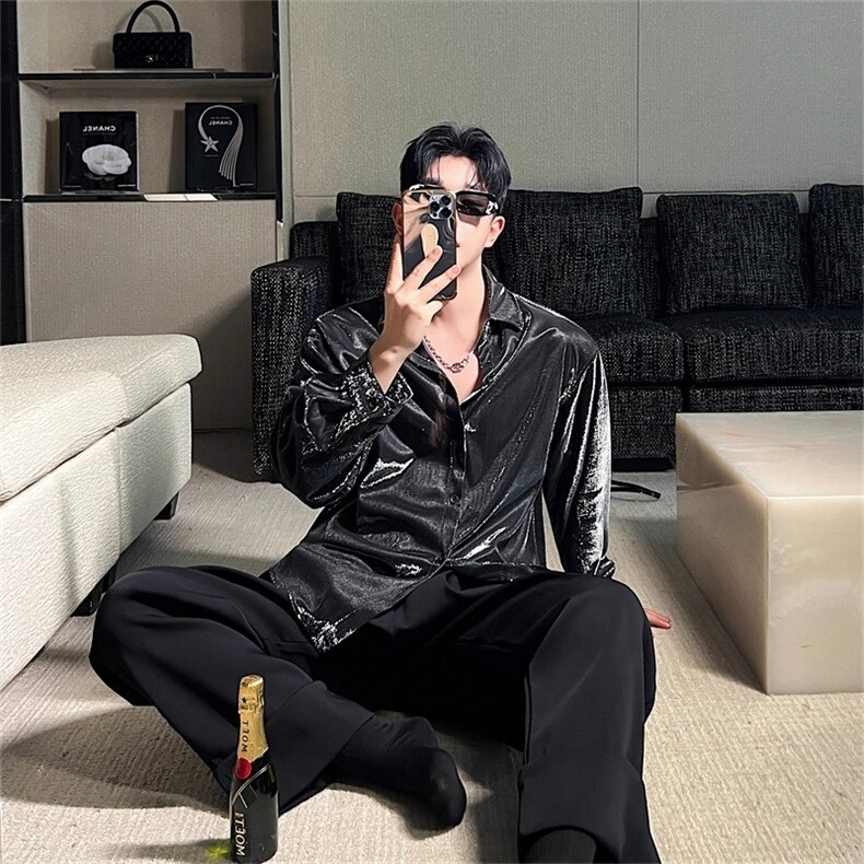 新潮的液态金属多变的闪亮设计衬衫潇洒时尚的男女衬衫,男装衬衫,星座410-7