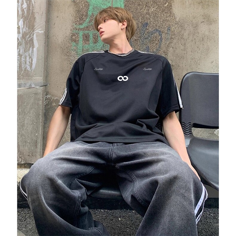 抖音得物高品质二开240克宽松纯棉美式潮牌三条杠织带短袖T恤，男装T恤，电商A486-1