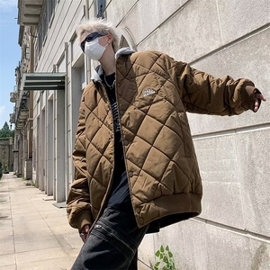 冬季可拆卸连帽菱形格棉衣男日系帽子可拆卸棉服外套潮 M757图片