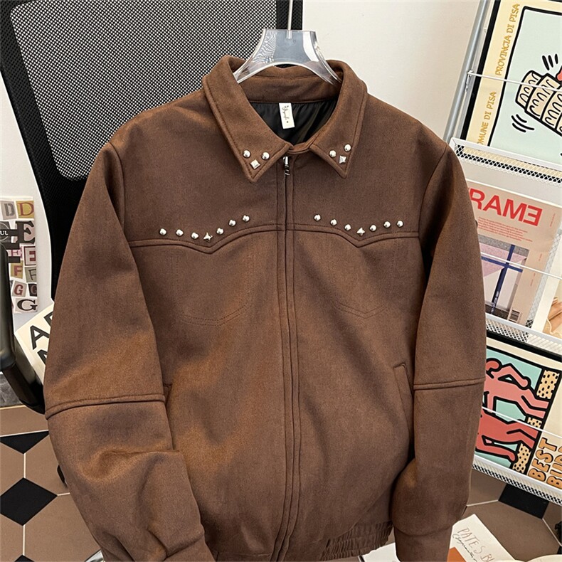 美式复古麂皮铆钉短宽外套男cleanfit巴恩风工装夹克JK2320-P75图片