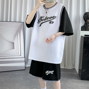 纯棉夏季短袖T恤套装宽松潮流篮球服男两件套男装F312P60控89图片