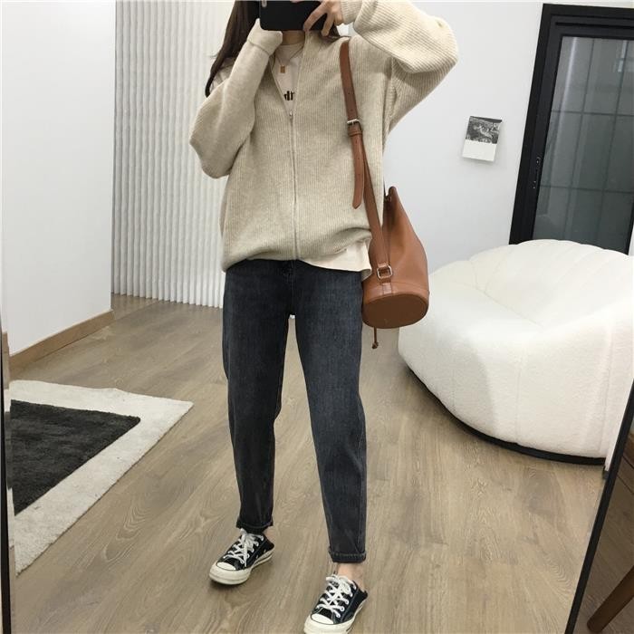 时尚女装半高领拉链开衫 宽松显瘦针织衫 百搭休闲毛衣外套图片