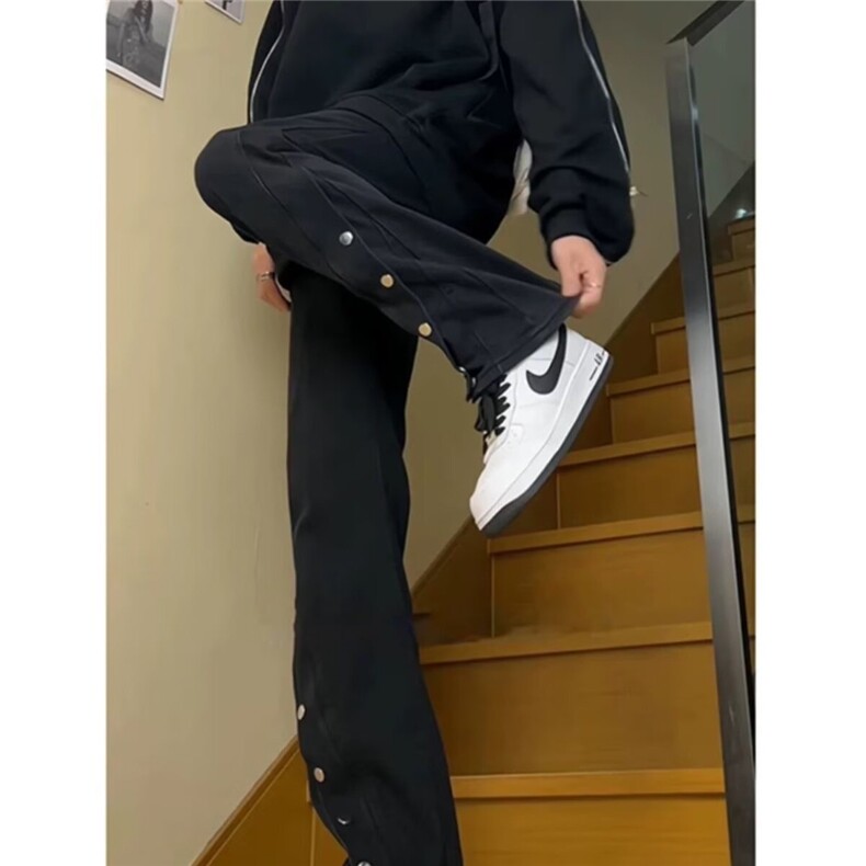 皮带款黑色高腰牛仔裤男夏季美式hiphop裤子高级感vibe微喇排扣裤,男装牛仔裤,星座1210-1