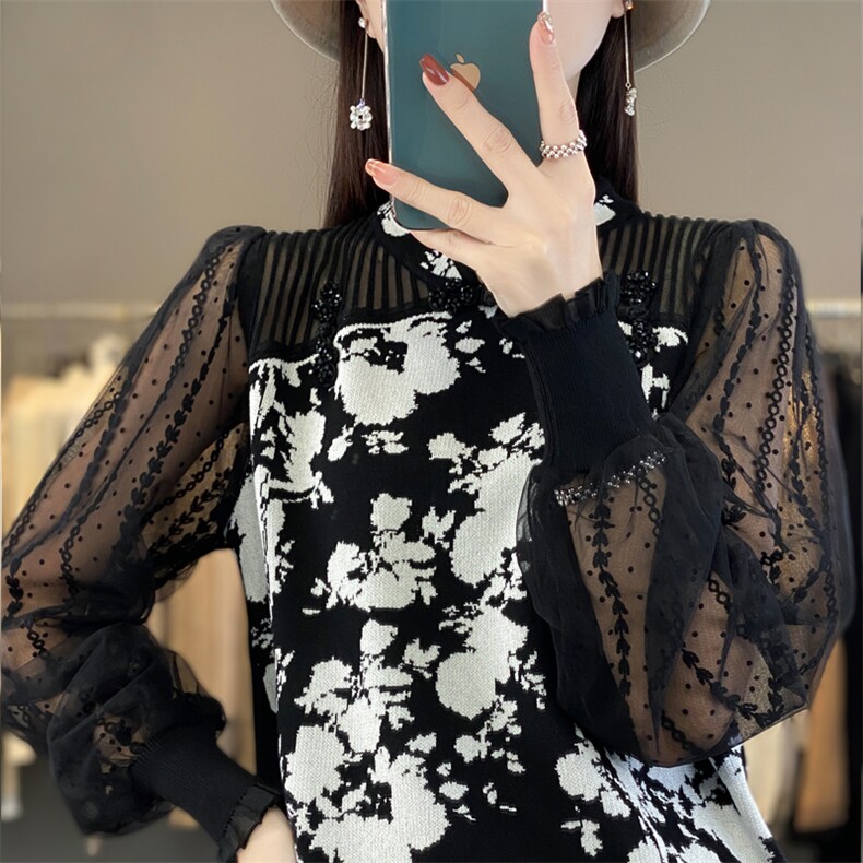 时尚优雅女士羊毛衫精致蕾丝拼接舒适保暖修身显瘦,女装羊毛衫,宛庄羊绒