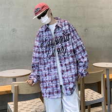 美式复古刺绣扎染格子衬衫男宽松休闲百搭情侣衬衣外套CS124-p43，男装衬衫，星座1008-1