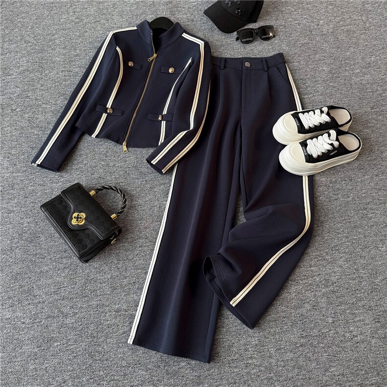 设计高级感休闲运动套装女秋款气质减龄立领拉链卫衣阔腿裤两件套，女装套装/套裙，江南