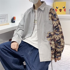 夏季ins潮牌衬衣小熊拼接长袖衬衫男薄款港风宽松外套W3567-P32，男装衬衫，星座512-2