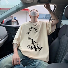 纯棉260g紧密赛络纺猫咪侧影印花t恤男女中性ins半袖t恤潮牌，男装T恤，星座715-4