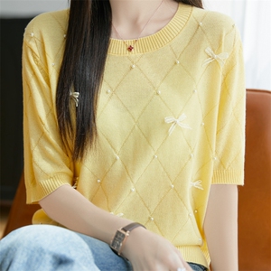 25新款圆领蝴蝶结钉珠短袖女菱形镂空精纺羊毛T恤宽松半袖打底衫图片
