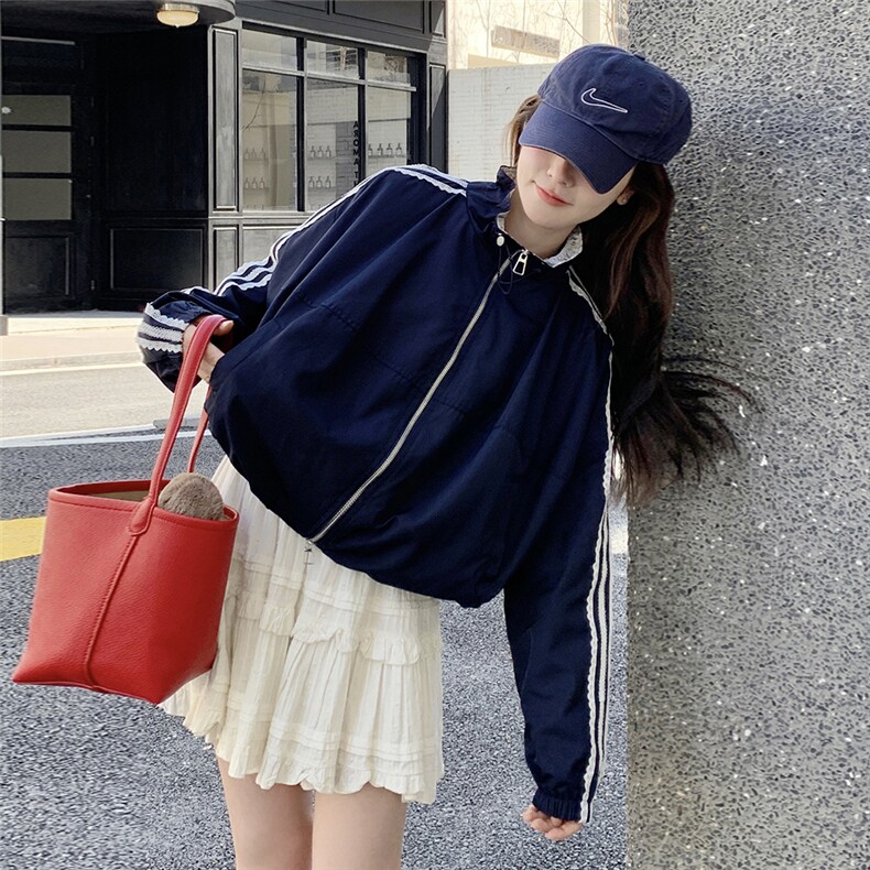 蕾丝拼接蓝色工装外套女春季2025今年流行韩系休闲宽松小个子上衣,女装短外套,2C323