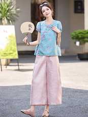 新中式国风套装女夏高级感复古提花改良旗袍阔腿裤时尚洋气两件套，女装套装/套裙，玖莱伊