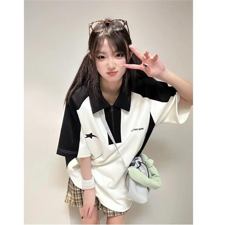 现货美式复古短袖polo衫女夏季宽松t恤情侣拼接上衣PLD2299-P30,男装T恤,星座1008