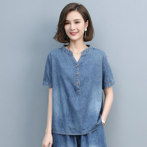 2021夏季时尚简约大方气质优雅牛仔衬衫,女装衬衫,悦见她