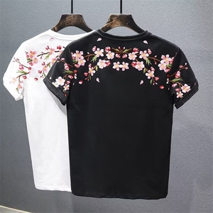 春夏季新潮纯棉体恤男装情侣潮流半袖衣服潮牌梅花刺绣短袖t恤