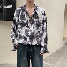 风水墨画高级感上衣男式衬衣复古树叶衬衣男装春225-2-CS705，男装衬衫，星座225-2