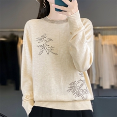 早秋时尚刺绣针织打底衫女2025新款秋季洋气大码女装上衣秋冬毛衣，女装针织衫/毛衣，大美人包芯纱店