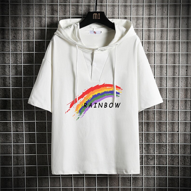 LD54064-P45 连帽短袖t恤男大码胖子带帽五分袖中袖 网格挂拍图片