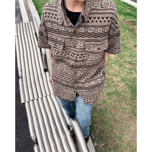 夏威夷提花古巴领短袖衬衫男女户外夏季度假痞帅花衬衣 CJ13图片
