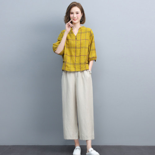 棉麻短袖t恤女夏季薄款2026新款格子衬衣中年妈妈宽松亚麻V领小衫,女装套装/套裙,璐依舞