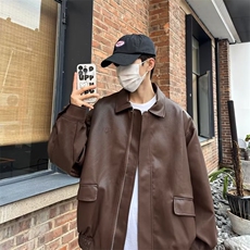 皮衣外套男秋冬季美式复古潮牌痞帅机车服皮夹克宽松休闲翻领上衣，男装皮衣，星座410-7